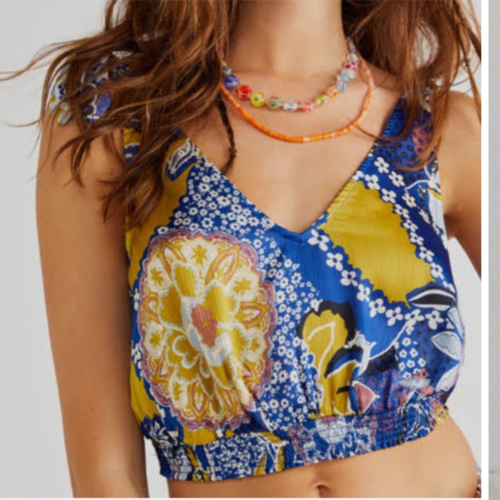 Weekend In Montauk Cami crop Top Satin Blue Beach Flower bow tie Large L gold